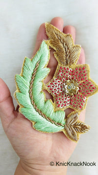 Thumbnail for Floral Appliques With Sequins, Zardozi Appliqué Patch In Red And Gold Flowers & Red / Yellow / Coral / Mint Green Leaf Embroidery