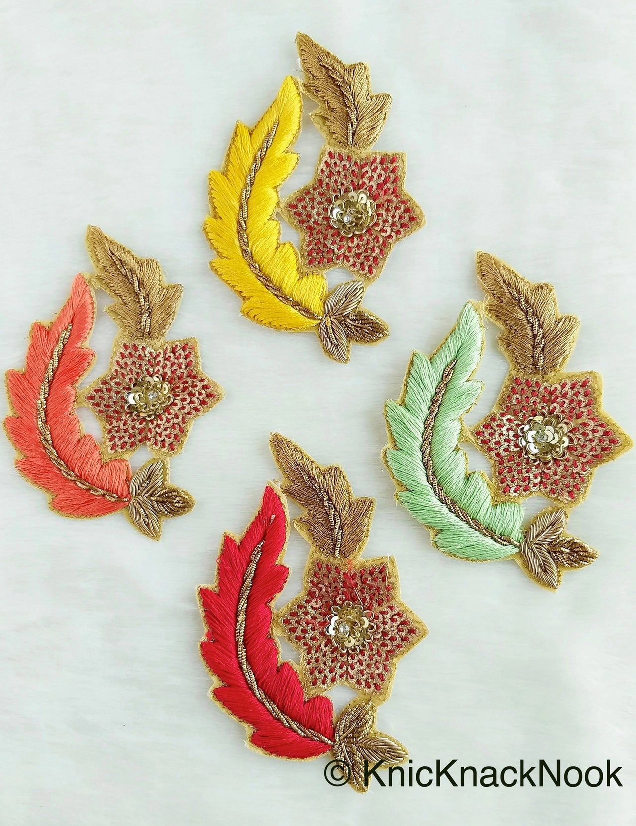 Floral Appliques With Sequins, Zardozi Appliqué Patch In Red And Gold Flowers & Red / Yellow / Coral / Mint Green Leaf Embroidery