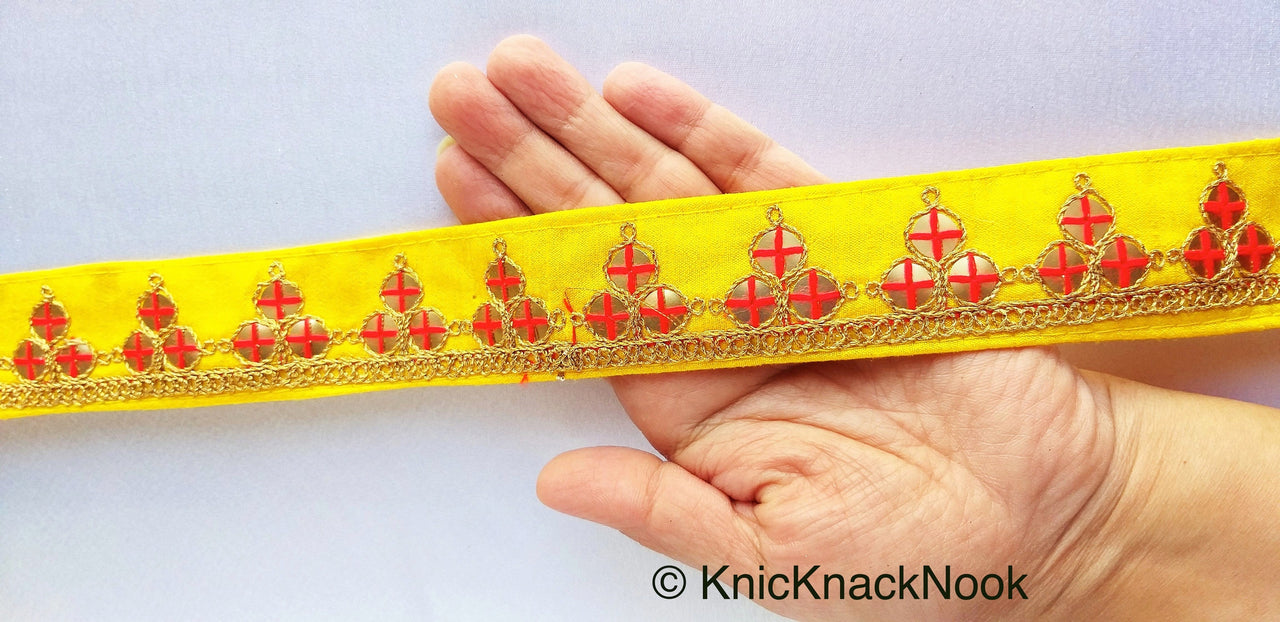 Wholesale Mirrored Trim With Gold Embroidery, Indian Sari border, Decorative Trim