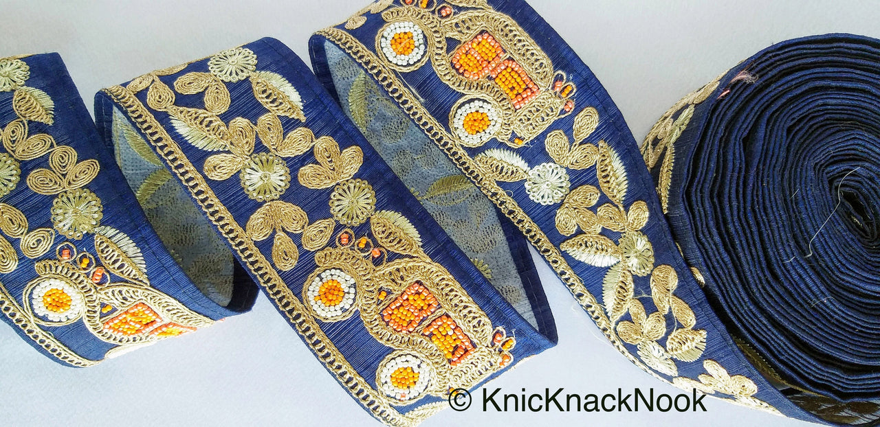 Beige / Sage Green / Black/ Blue Silk Trim With Intricate Gold Embroidered Flowers and Car with Orange And White Beads, Approx. 64mm wide