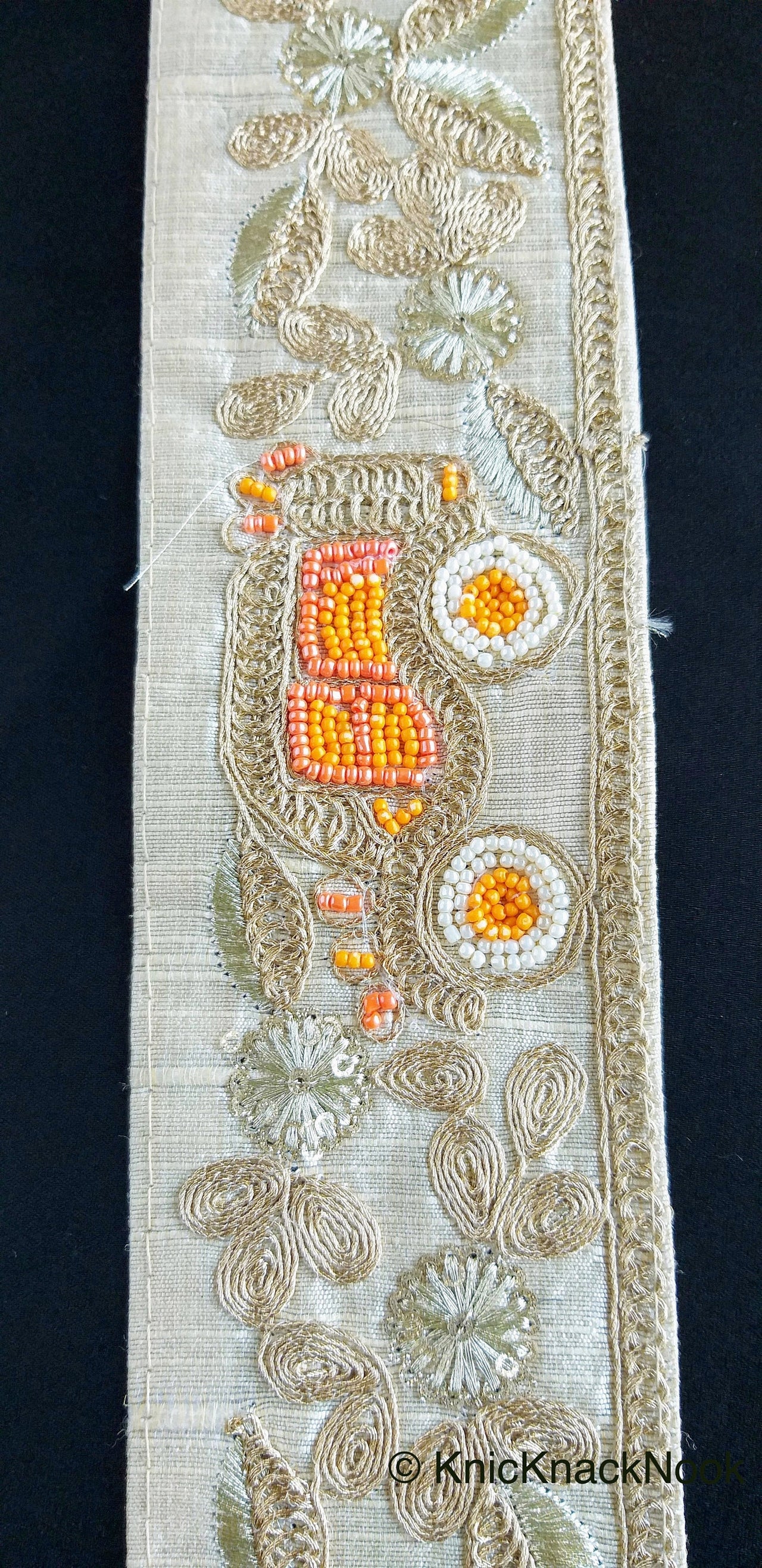 Beige / Sage Green / Black/ Blue Silk Trim With Intricate Gold Embroidered Flowers and Car with Orange And White Beads, Approx. 64mm wide