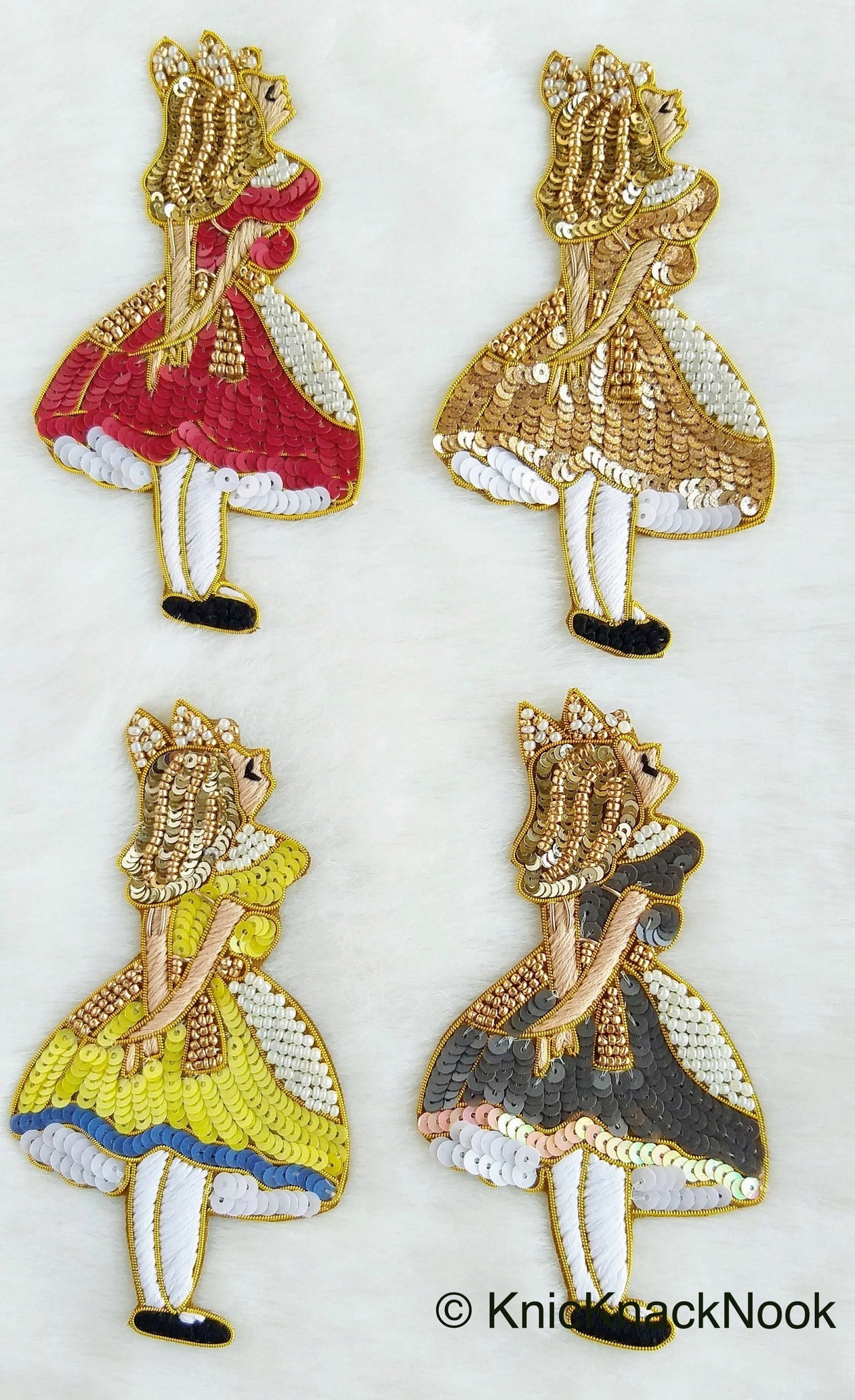 Embroidered Alice In Wonderland Applique With Gold And White Beads, Sequins In Gold, White & Grey / Red / Glitter Gold / Yellow - 210119L243