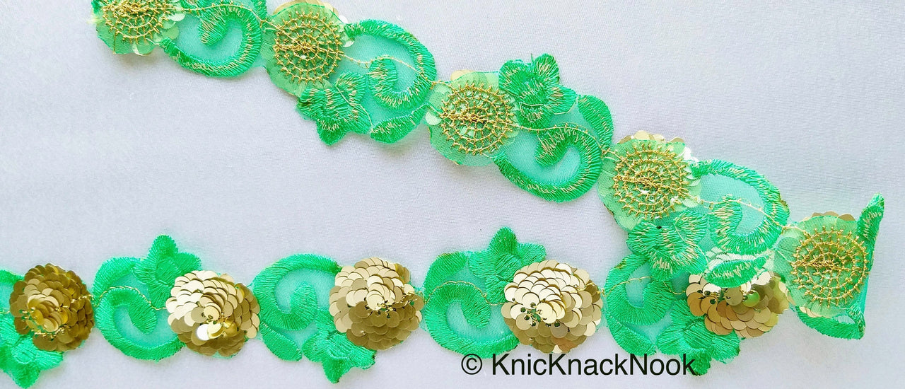 Green Lace Trim, Tissue Fabric Cutwork With Floral Embroidery & Gold Sequins, 