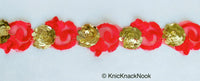 Thumbnail for Red Lace Trim, Tissue Fabric Cutwork With Floral Embroidery & Gold Sequins, 