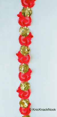 Thumbnail for Red Lace Trim, Tissue Fabric Cutwork With Floral Embroidery & Gold Sequins, 