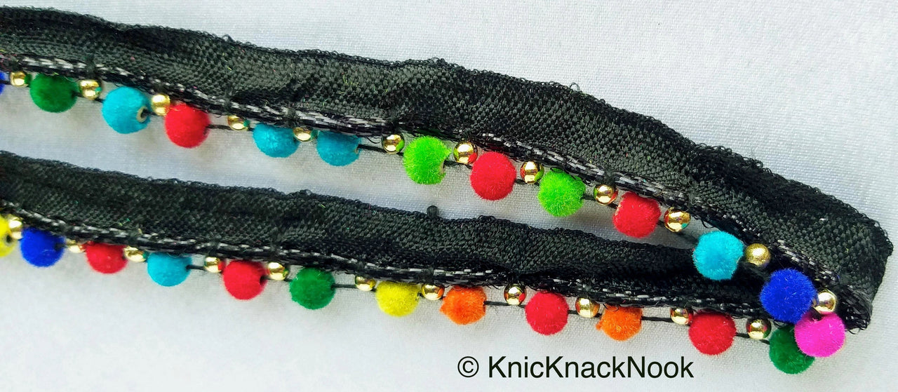 Wholesale Multicoloured Velvet Beads With Black Cotton Trim, Fringe Trim, Approx. 16 mm wide - 210119L367