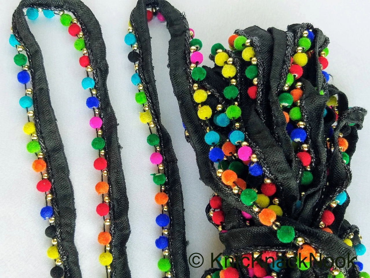 Wholesale Multicoloured Velvet Beads With Black Cotton Trim, Fringe Trim, Approx. 16 mm wide - 210119L367