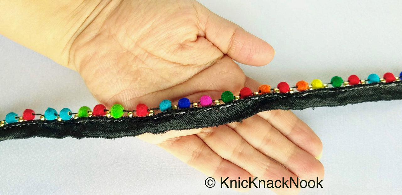 Wholesale Multicoloured Velvet Beads With Black Cotton Trim, Fringe Trim, Approx. 16 mm wide - 210119L367