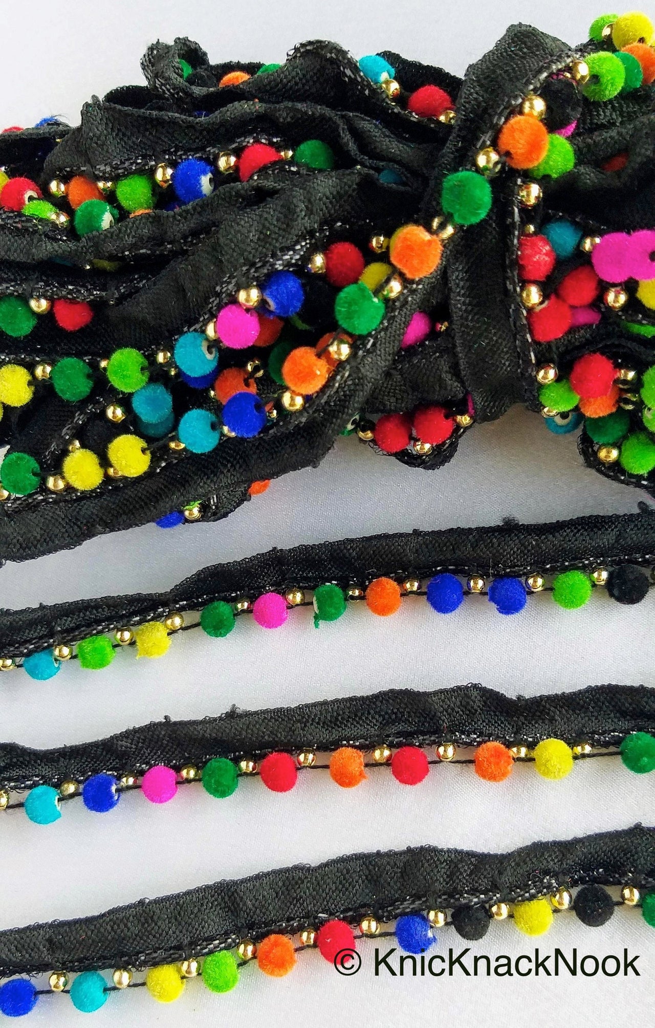 Wholesale Multicoloured Velvet Beads With Black Cotton Trim, Fringe Trim, Approx. 16 mm wide - 210119L367