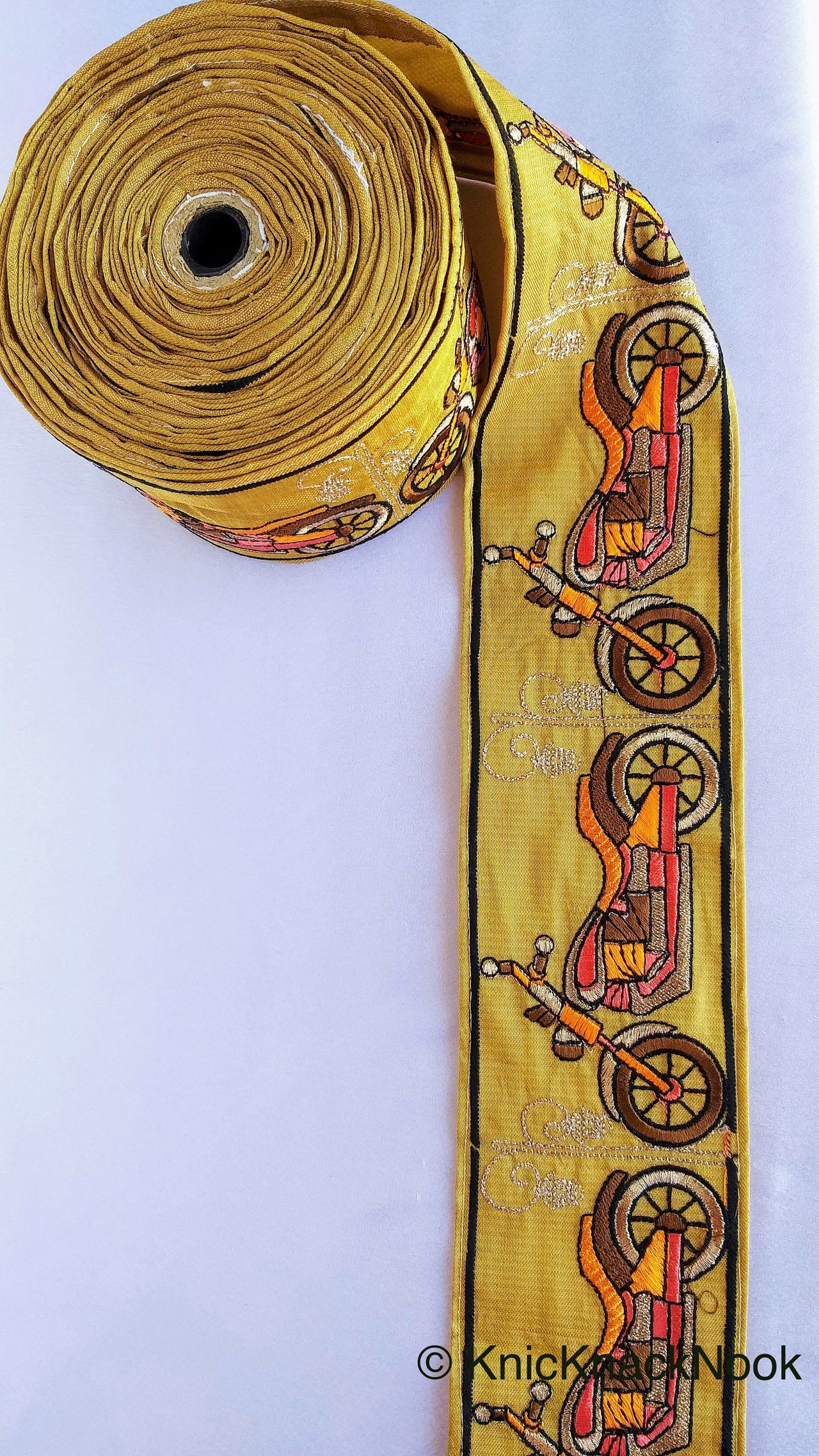 Wholesale Beige Fabric trim with Embroidered Motor Bikes - Brown, Orange, Light Gold & Pink Approx 80 mm Indian Decorative Trim Craft Ribbon