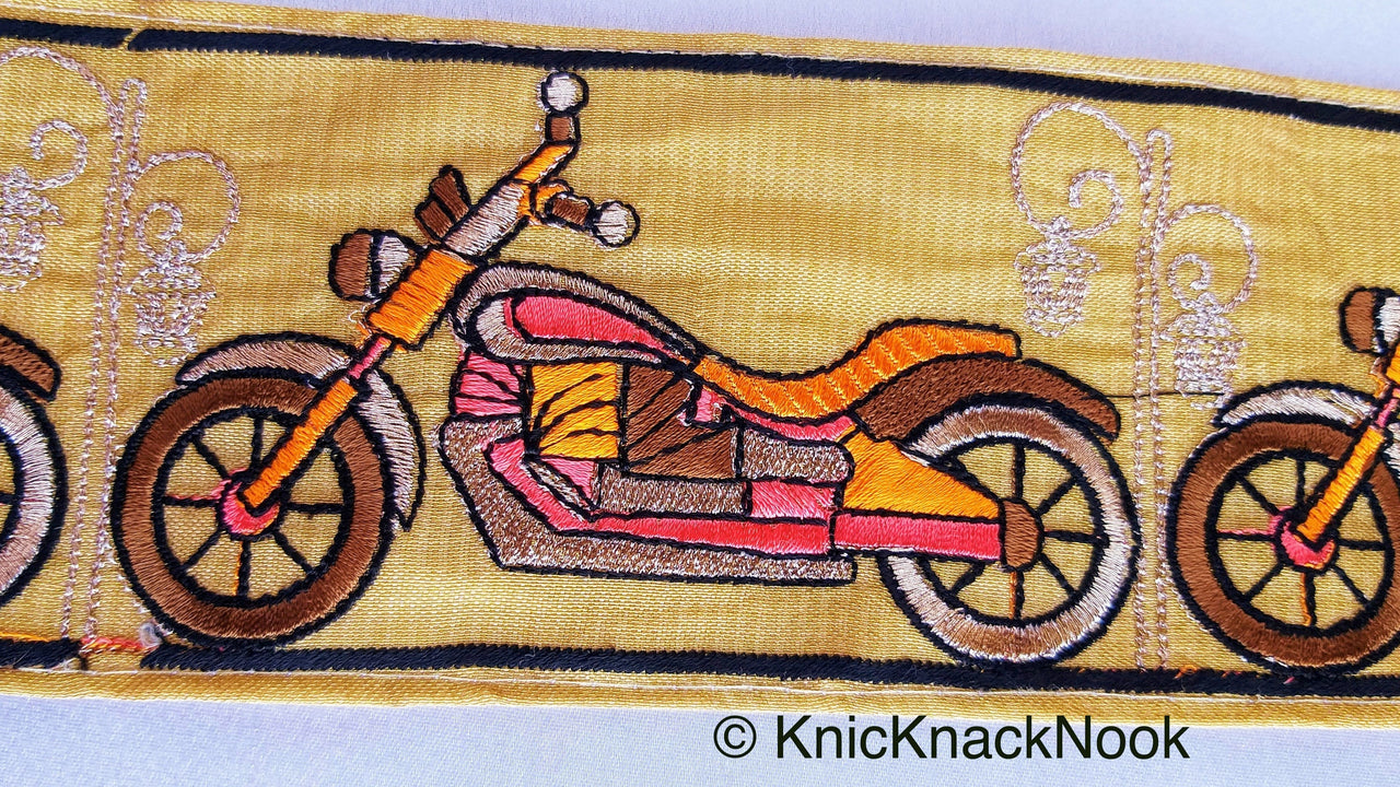 Wholesale Beige Fabric trim with Embroidered Motor Bikes - Brown, Orange, Light Gold & Pink Approx 80 mm Indian Decorative Trim Craft Ribbon