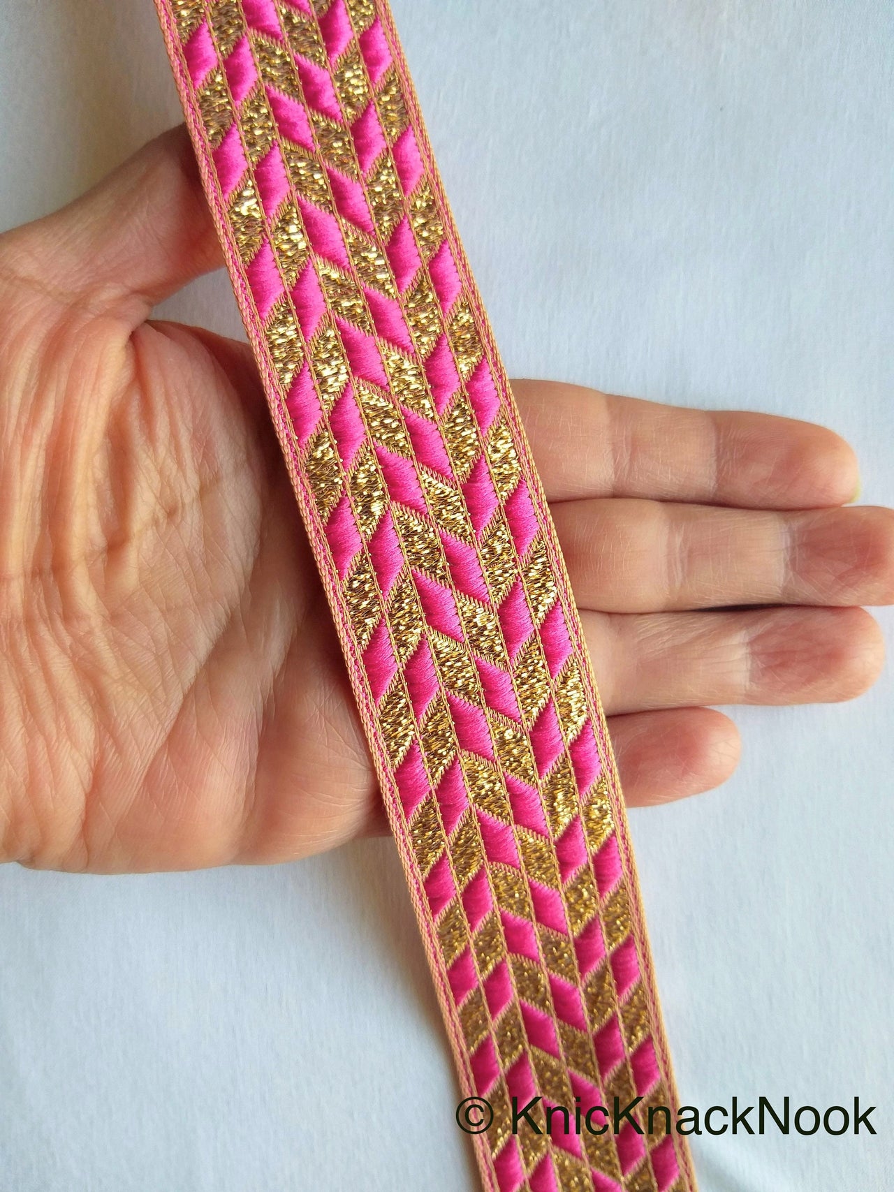 Pink And Gold Embroidered Trim, Geometric Pattern, Approx. 32mm wide - 200317L45