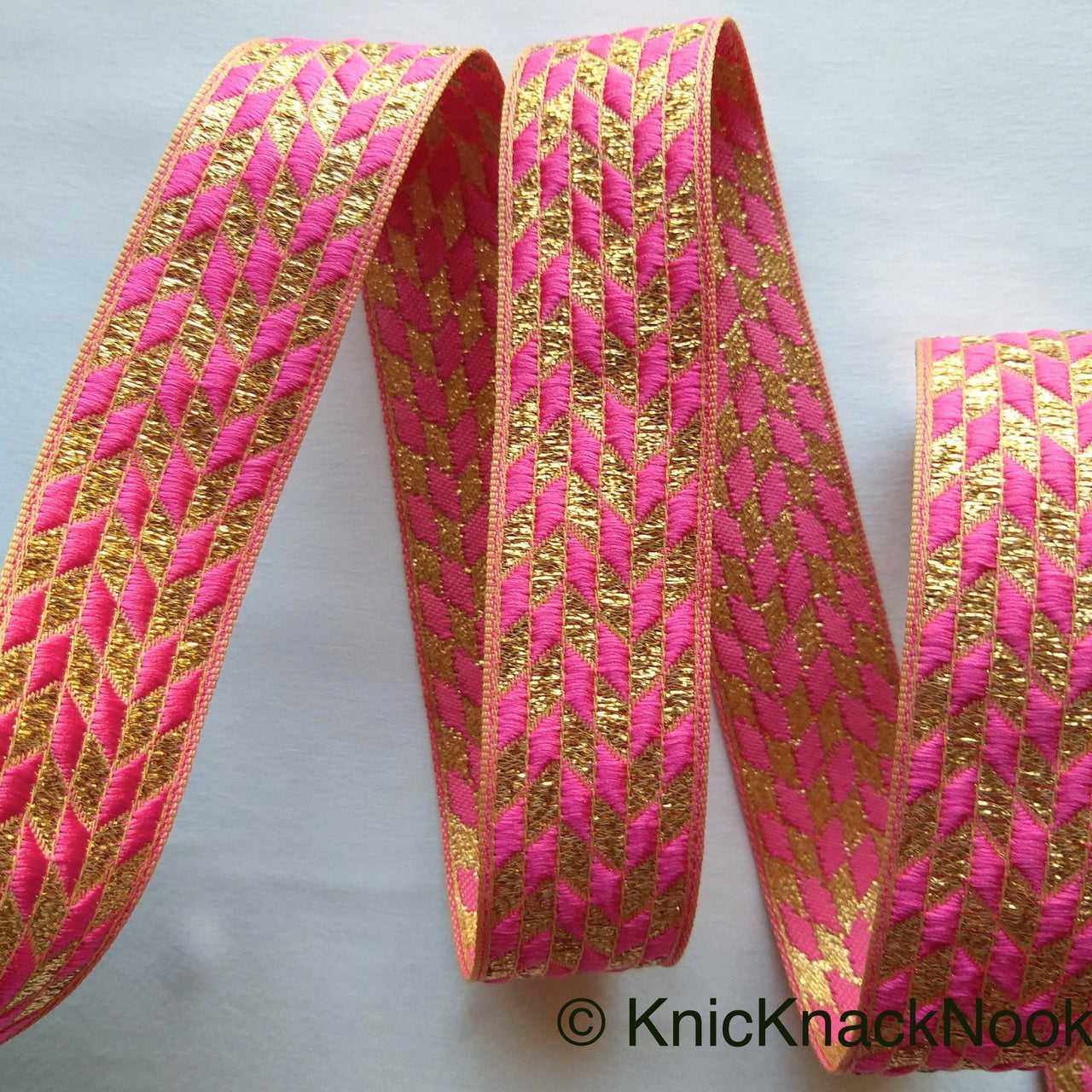 Pink And Gold Embroidered Trim, Geometric Pattern, Approx. 32mm wide - 200317L45