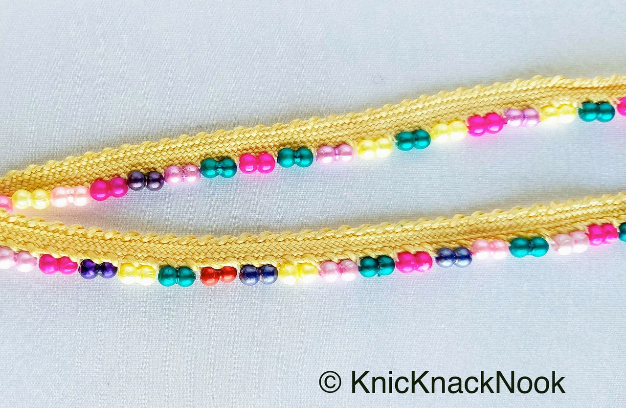 Multicoloured Pearl Beads With Beige Weave Fringe Trim, Approx. 10 mm wide - 210119L205