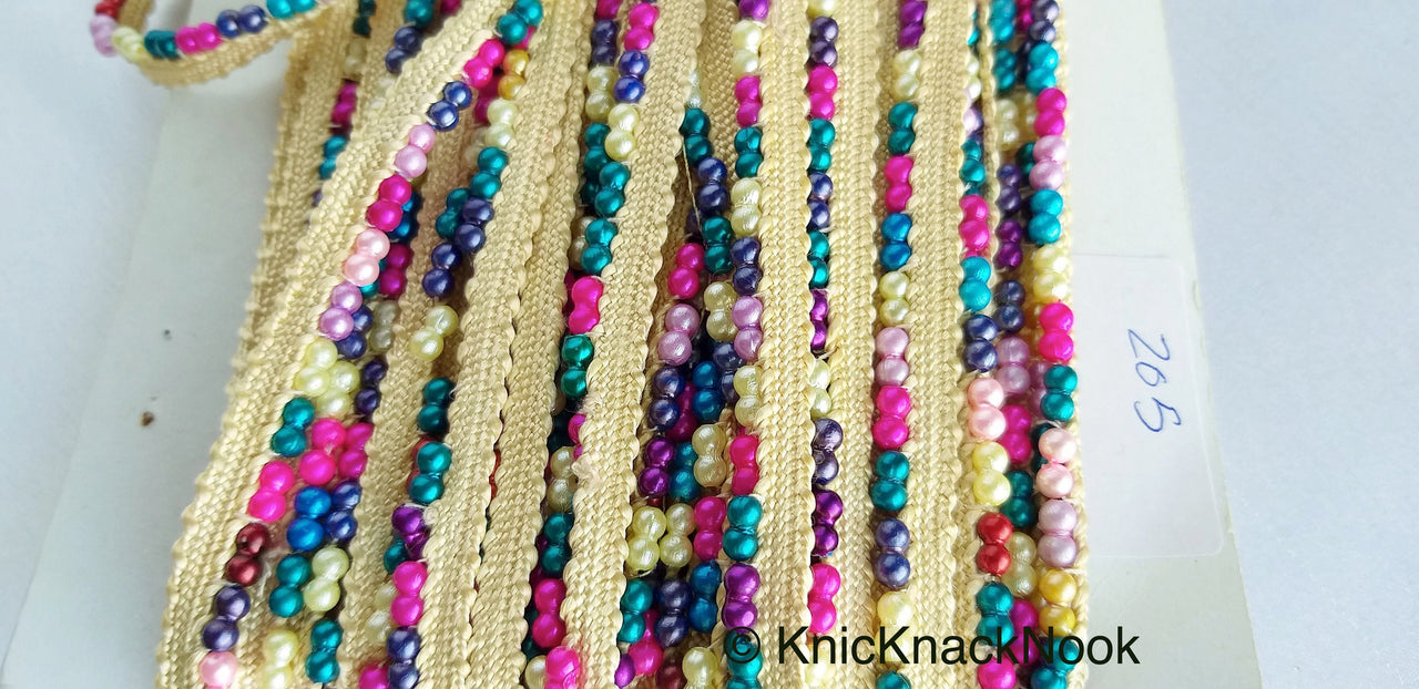 Multicoloured Pearl Beads With Beige Weave Fringe Trim, Approx. 10 mm wide - 210119L205