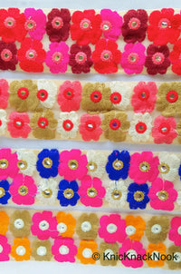 Thumbnail for Wholesale Blue And Pink Embroidered Mirrored Net Lace Trim, Floral Embroidery, Approx. 70mm wide