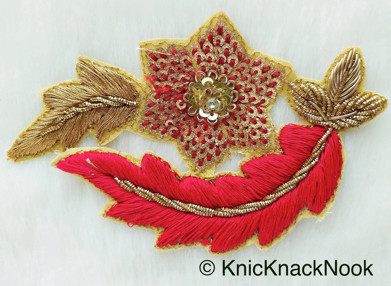 Floral Appliques With Sequins, Zardozi Appliqué Patch In Red And Gold Flowers & Red / Yellow / Coral / Mint Green Leaf Embroidery