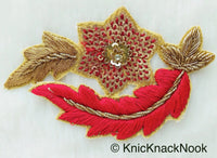 Thumbnail for Floral Appliques With Sequins, Zardozi Appliqué Patch In Red And Gold Flowers & Red / Yellow / Coral / Mint Green Leaf Embroidery