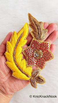 Thumbnail for Floral Appliques With Sequins, Zardozi Appliqué Patch In Red And Gold Flowers & Red / Yellow / Coral / Mint Green Leaf Embroidery