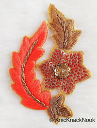 Thumbnail for Floral Appliques With Sequins, Zardozi Appliqué Patch In Red And Gold Flowers & Red / Yellow / Coral / Mint Green Leaf Embroidery