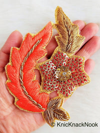 Thumbnail for Floral Appliques With Sequins, Zardozi Appliqué Patch In Red And Gold Flowers & Red / Yellow / Coral / Mint Green Leaf Embroidery