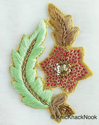 Thumbnail for Floral Appliques With Sequins, Zardozi Appliqué Patch In Red And Gold Flowers & Red / Yellow / Coral / Mint Green Leaf Embroidery