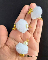 Thumbnail for 6 x White Pom-Pom Tassel Latkan With Pearl Beads And Jingle Bell Beads, Pompom Decorations, Approx. 30mm - 210119L210