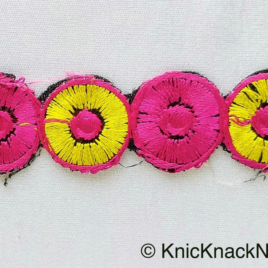 Pink & Yellow Embroidered Circles Cutwork Trim, Approx. 22mm Wide