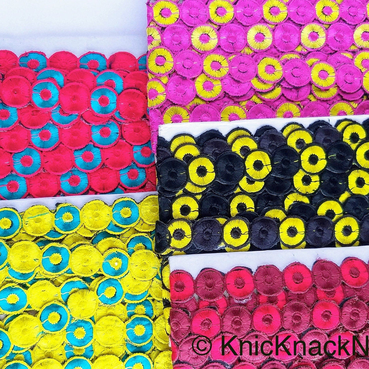 Pink & Yellow Embroidered Circles Cutwork Trim, Approx. 22mm Wide