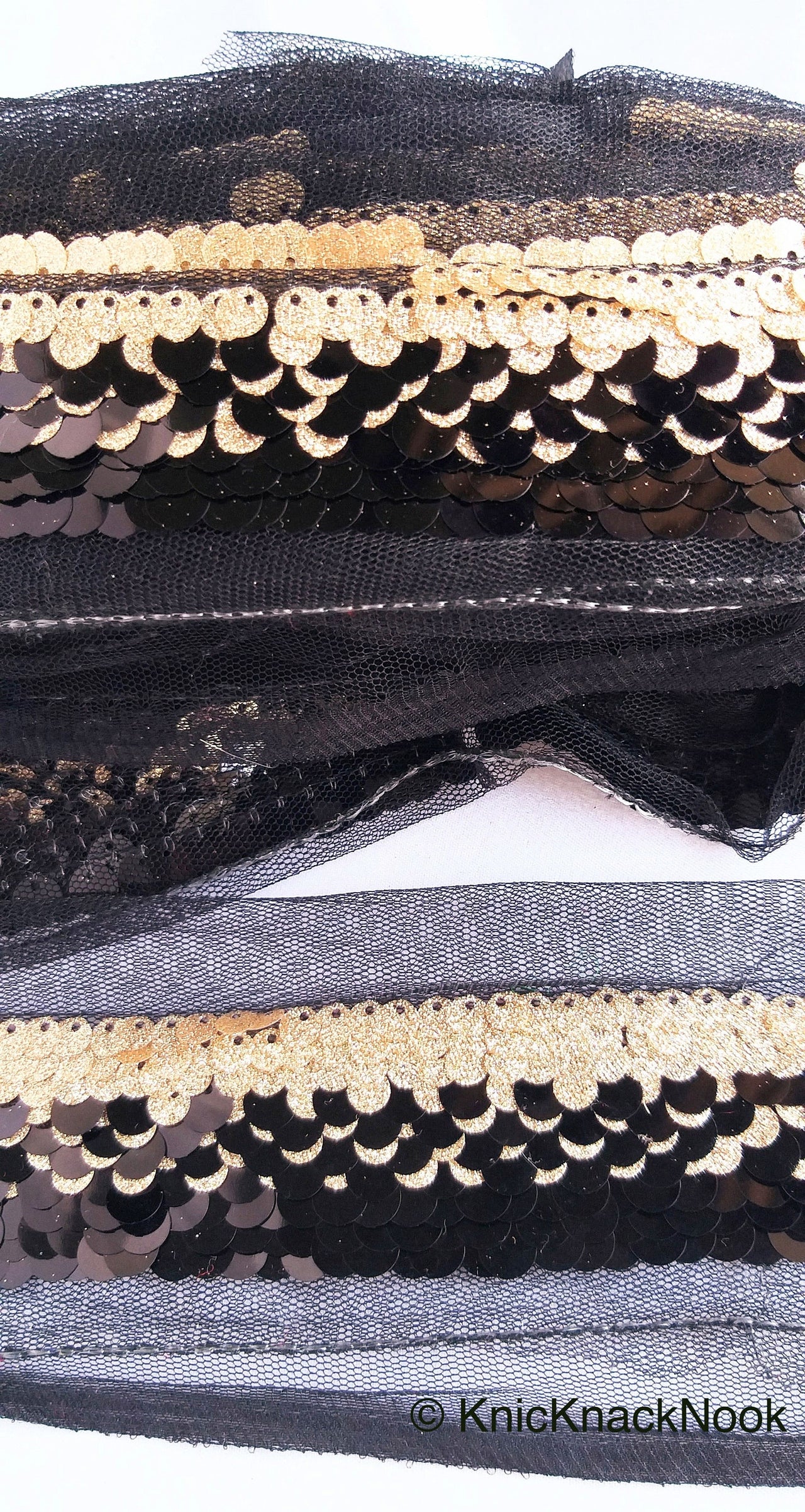 Black Net Lace With Glossy Black And Glitter Gold Sequins, Black Trim, Approx. 16cm wide