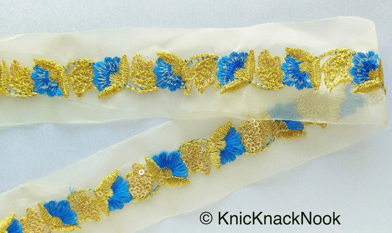 Wholesale Gold Sheer Trim In Gold Floral Embroidery With Sequins, Approx. 45mm Wide, Indian Sari Border