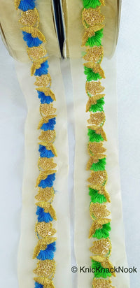 Thumbnail for Wholesale Gold Sheer Trim In Gold Floral Embroidery With Sequins, Approx. 45mm Wide, Indian Sari Border