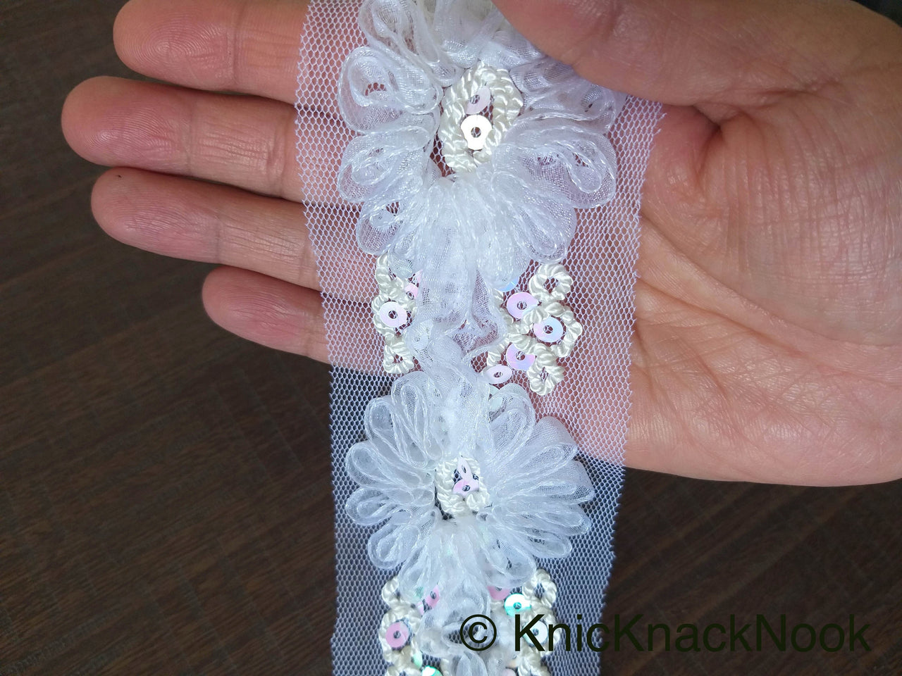 Wholesale White Flower Tissue Net Fabric Lace Trim With Sequins, Floral Trim, Wedding Supplies Trim By 9 Yards