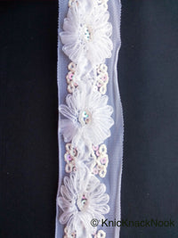 Thumbnail for Wholesale White Flower Tissue Net Fabric Lace Trim With Sequins, Floral Trim, Wedding Supplies Trim By 9 Yards