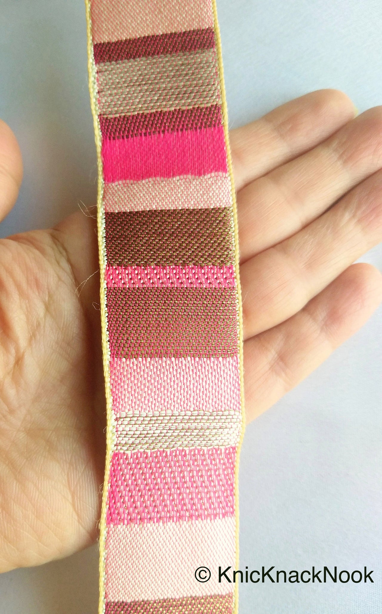 Pink, Beige And Antique Bronze Embroidered Lace Trim, Stripes Trim