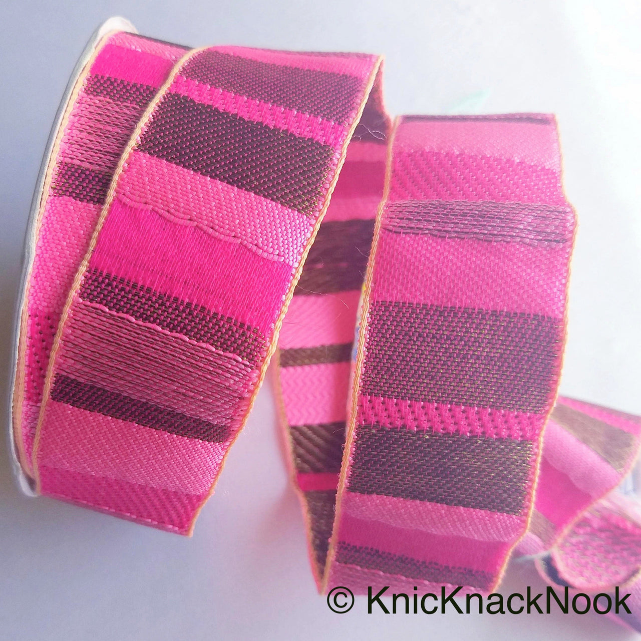 Fuchsia Pink, Pink And Antique Bronze Embroidered Lace Trim, Stripes Trim