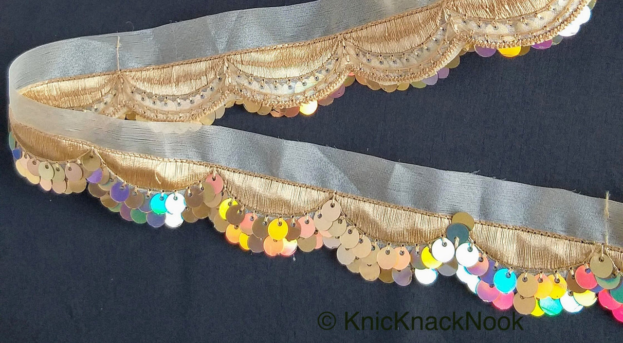 Gold Sheer Fabric Trim Embroidered With Beige / Brown Silk Thread And Gold / Bronze Sequins, Scallop Trim, Approx. 36mm Wide - 210119L128/29