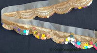 Thumbnail for Gold Sheer Fabric Trim Embroidered With Beige / Brown Silk Thread And Gold / Bronze Sequins, Scallop Trim, Approx. 36mm Wide - 210119L128/29