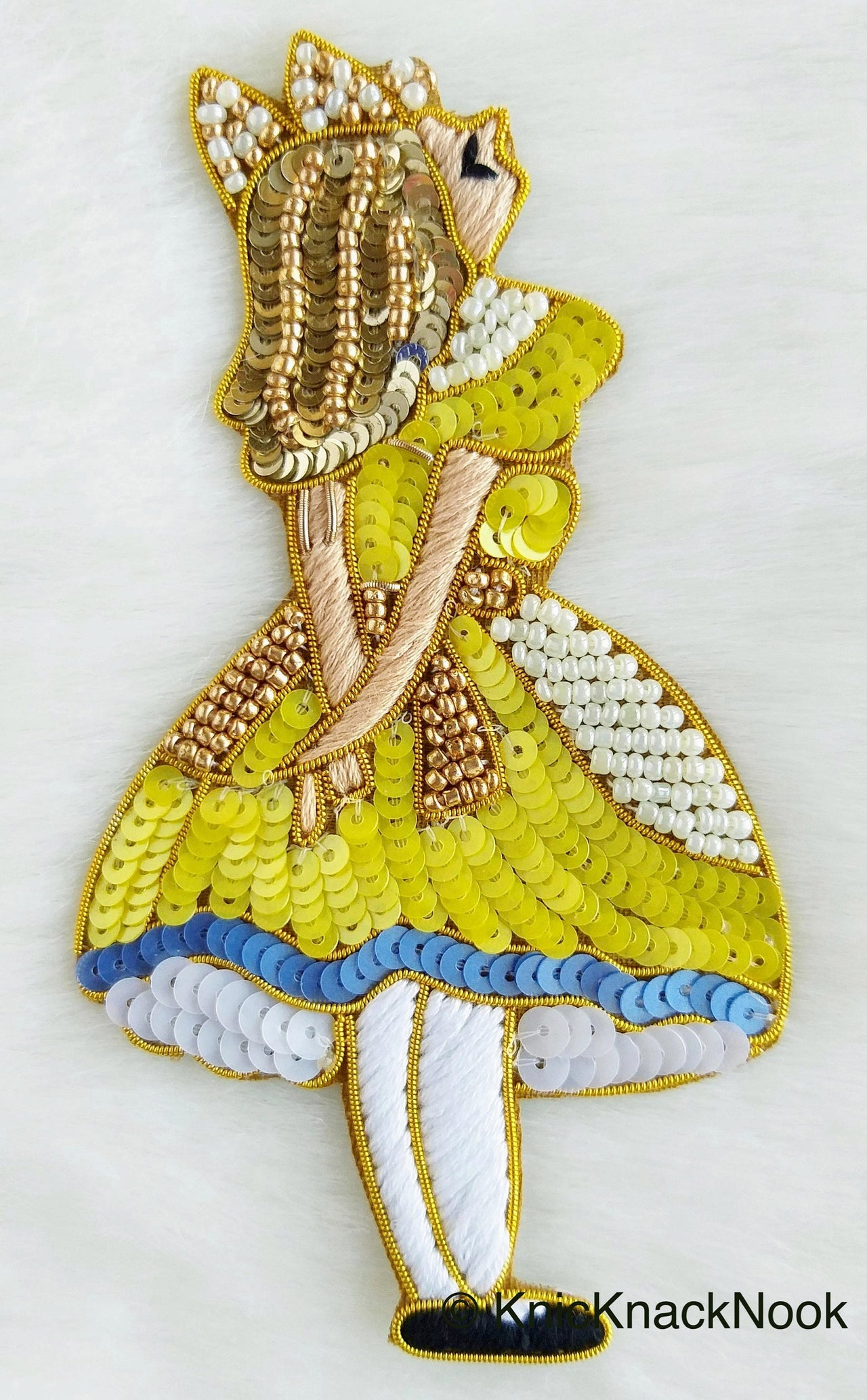 Embroidered Alice In Wonderland Applique With Gold And White Beads, Sequins In Gold, White & Grey / Red / Glitter Gold / Yellow - 210119L243