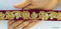 Thumbnail for Burgundy / Green, Velvet Fabric Trim With Copper, Bronze & Gold Embroidery And Sequins