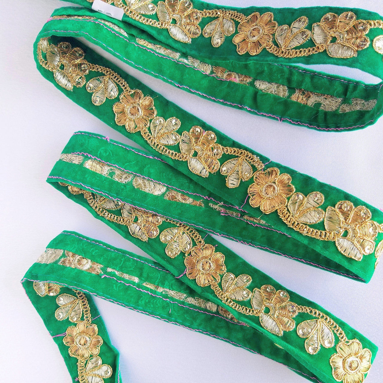 Burgundy / Green, Velvet Fabric Trim With Copper, Bronze & Gold Embroidery And Sequins