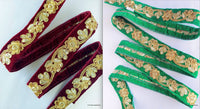 Thumbnail for Burgundy / Green, Velvet Fabric Trim With Copper, Bronze & Gold Embroidery And Sequins