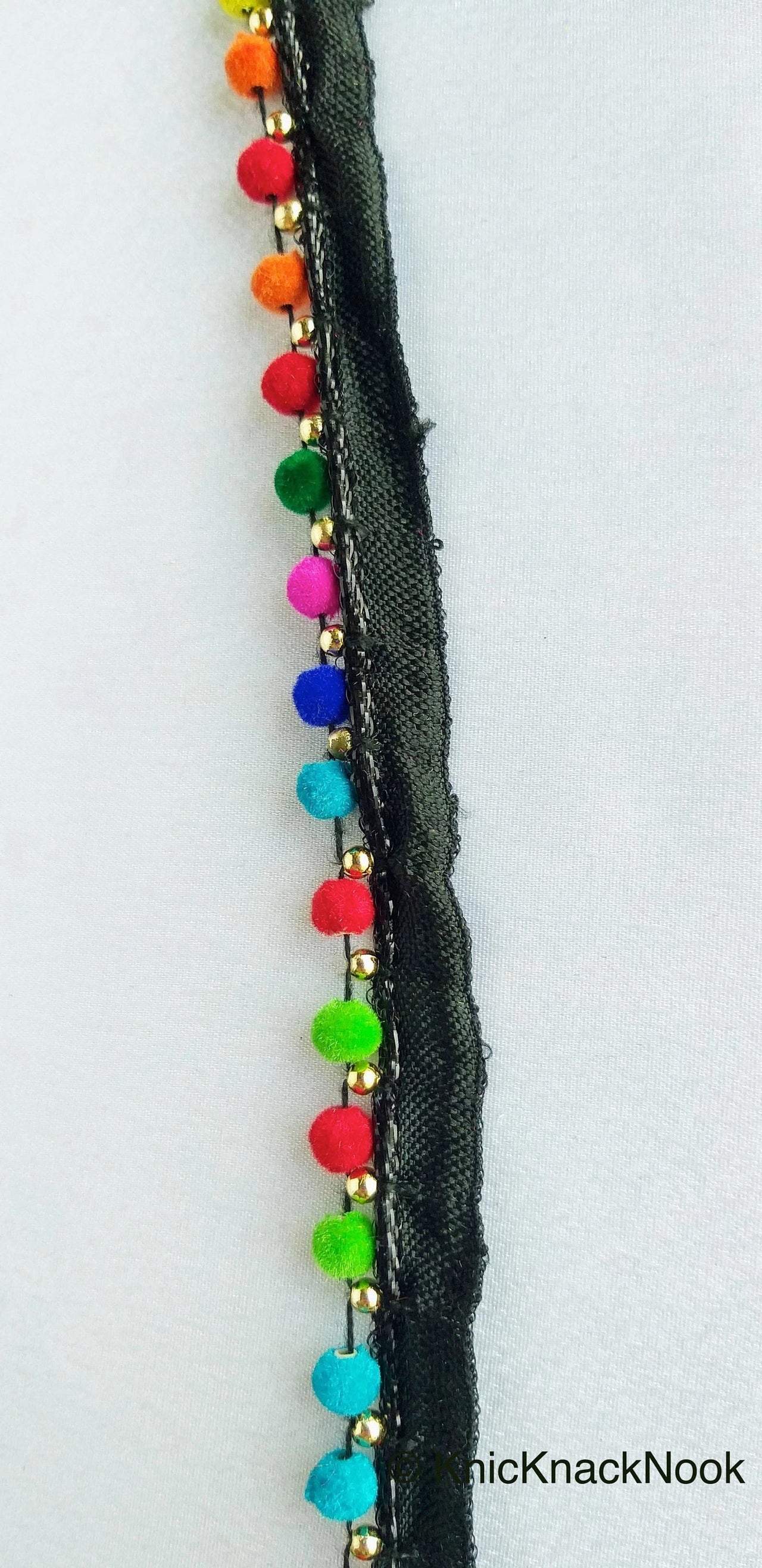 Wholesale Multicoloured Velvet Beads With Black Cotton Trim, Fringe Trim, Approx. 16 mm wide - 210119L367