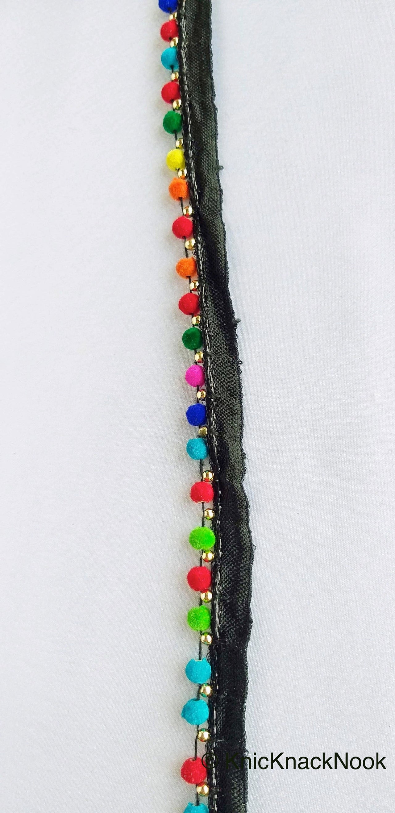 Wholesale Multicoloured Velvet Beads With Black Cotton Trim, Fringe Trim, Approx. 16 mm wide - 210119L367