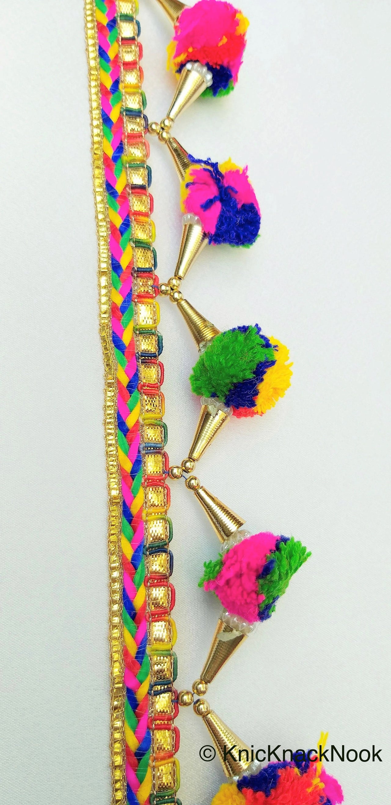 Wholesale Multicoloured Pom Pom Trim With Gold Conical Cap and White Cluster Beads, Approx. 50mm Wide - 210119L362