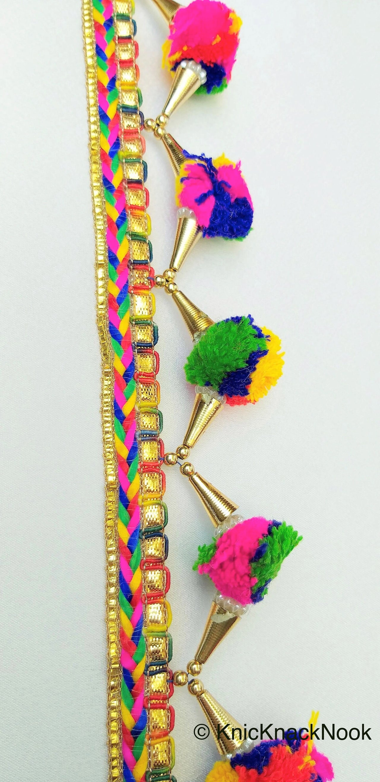 Multicoloured Pom Pom Trim With Gold Conical Cap and White Cluster Beads, Approx. 50mm Wide - 210119L362