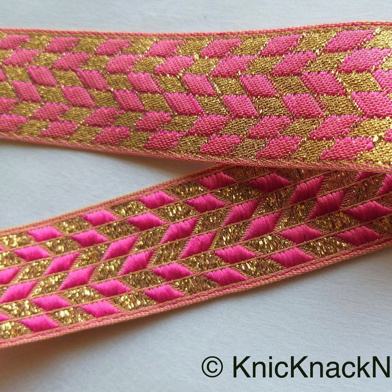 Pink And Gold Embroidered Trim, Geometric Pattern, Approx. 32mm wide - 200317L45