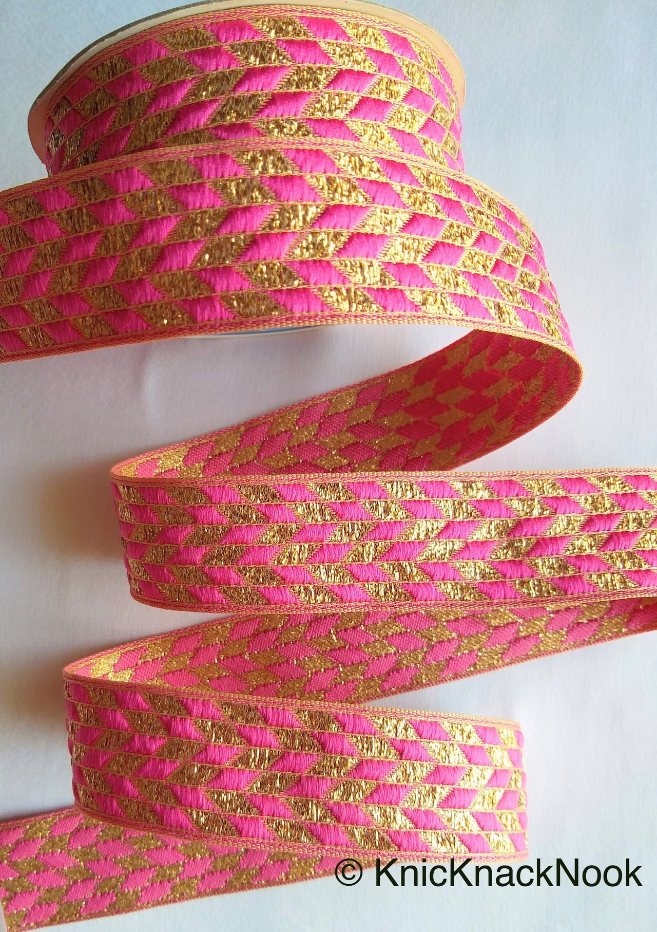 Pink And Gold Embroidered Trim, Geometric Pattern, Approx. 32mm wide - 200317L45