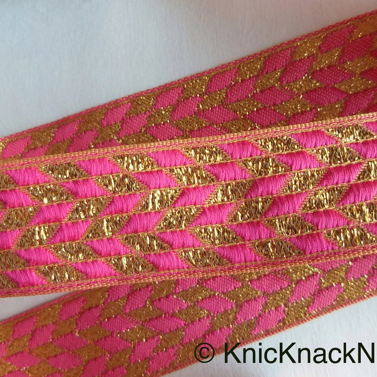 Pink And Gold Embroidered Trim, Geometric Pattern, Approx. 32mm wide - 200317L45