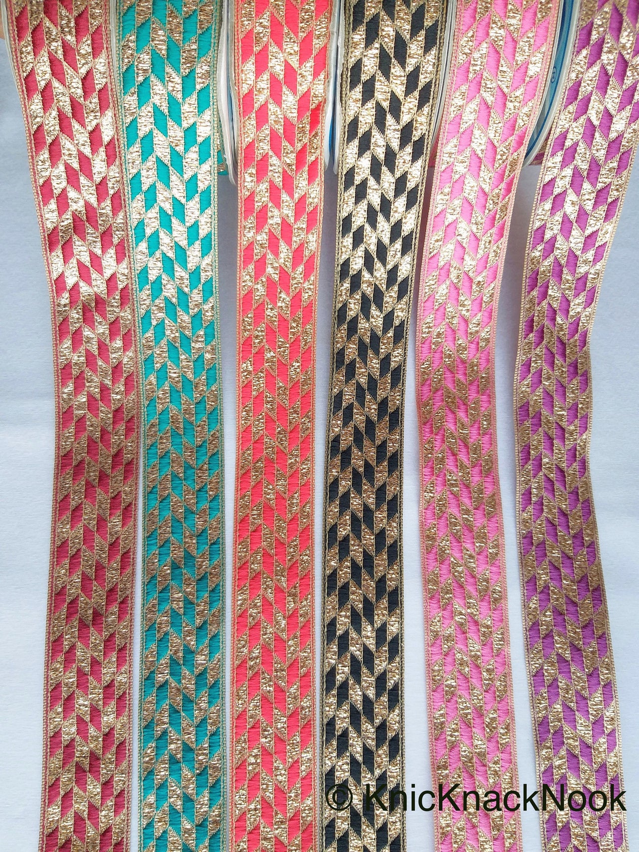 Pink And Gold Embroidered Trim, Geometric Pattern, Approx. 32mm wide - 200317L45